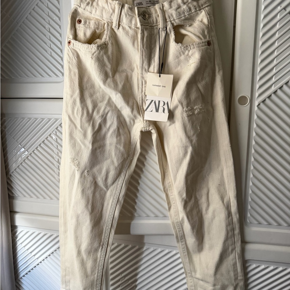 Zara Girls Cream Distressed Straight-Leg Jeans